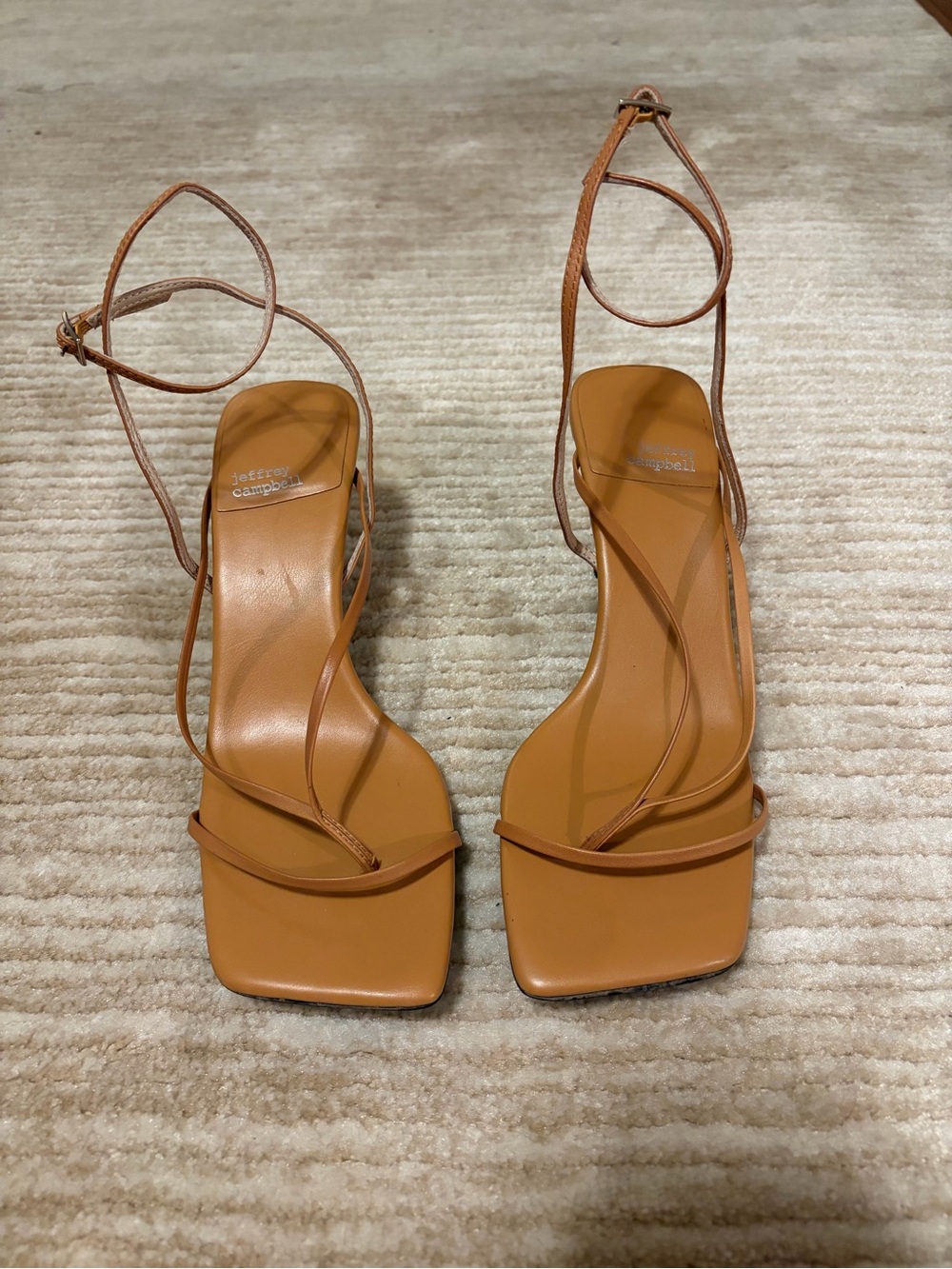 Jeffrey Campbell Tan Strappy Square-Toe Ankle Wrap Sandals